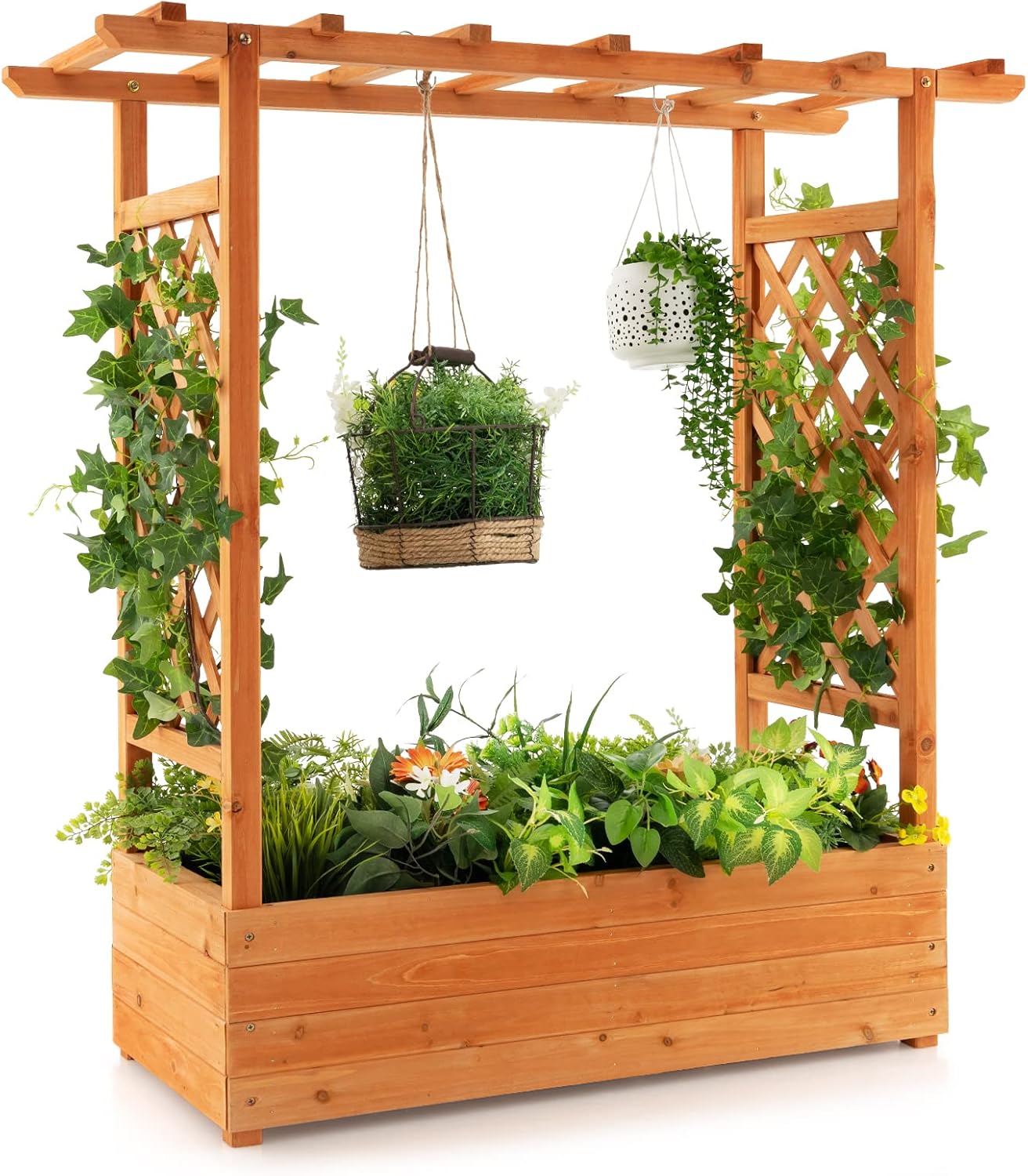 Raised Garden Bed - Holz-Hochbeet mit Bogenrankgitter und Hängedach für